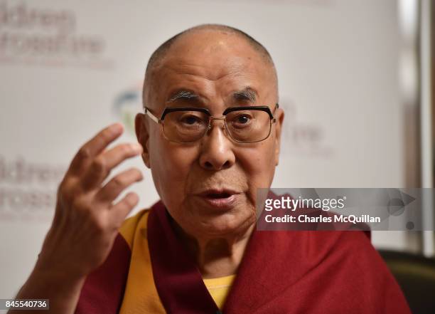 His Holiness The Dalai Lama addresses the gathered media at a Children in Crossfire press conference on September 11, 2017 in Londonderry, Northern...