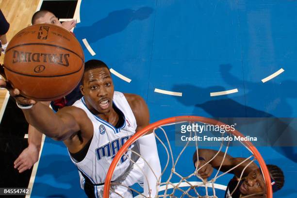Dwight Howard of the Orlando Magic shoots during the game against the Cleveland Cavaliers on January 29, 2009 at Amway Arena in Orlando, Florida....