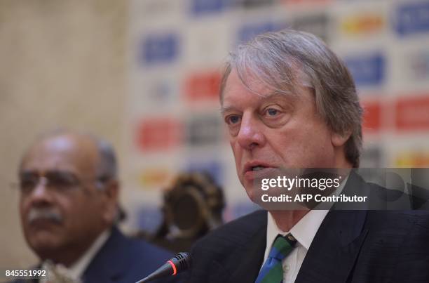 Director of the International Cricket Council Giles Clarke speaks during a press conference with Chairman of Pakistan Cricket Board Najam Sethi in...