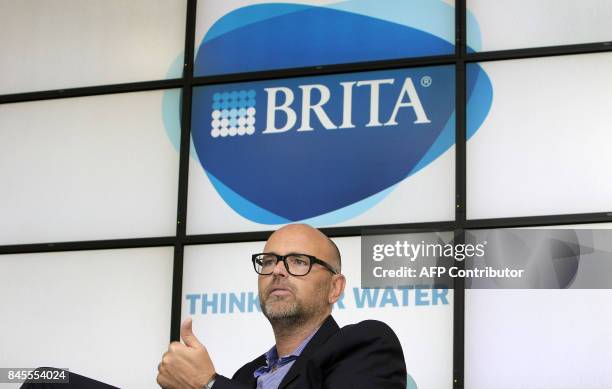 Markus Hankammer, CEO of German water filtration company Brita is pictured at the company's headquarter in Taunusstein, Germany, on August 16, 2017....