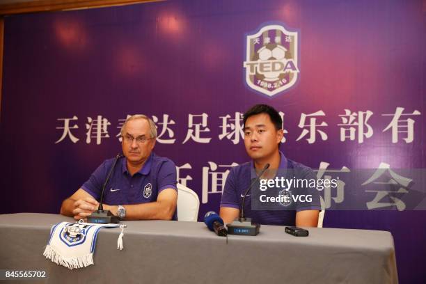 The new head coach of China's Tianjin Teda Uli Stielike attends a press conference on September 11, 2017 in Tianjin, China.