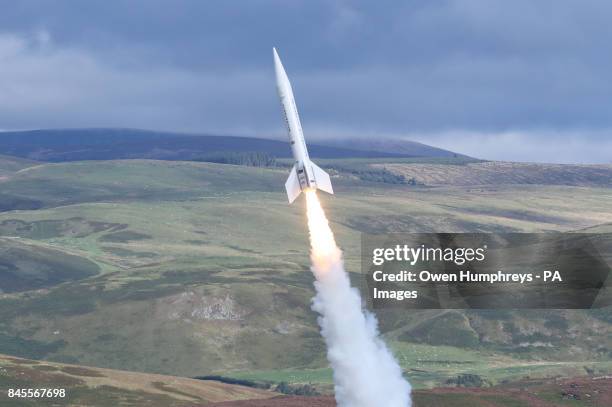 Britain's biggest reusable rocket Skybolt 2, which stands 8.3m tall, as it is launched by Starchaser Industries, at Otterburn in Northumberland.