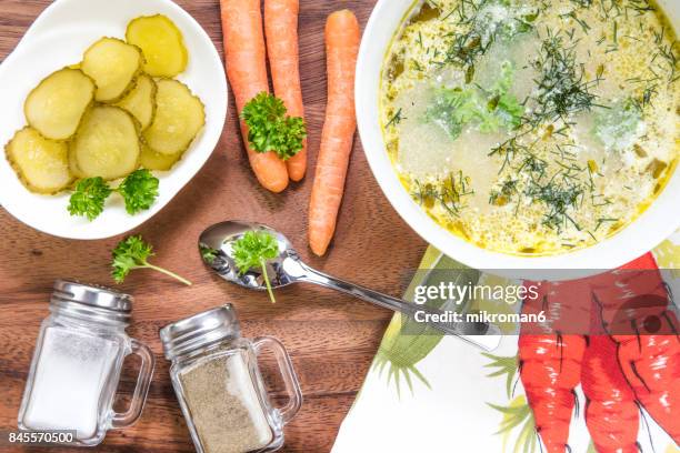 homemade soup with sour pickles - dill pickle stock pictures, royalty-free photos & images