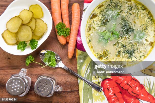 homemade soup with sour pickles - dill pickle stock pictures, royalty-free photos & images