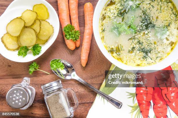 homemade soup with sour pickles - dill pickle stock pictures, royalty-free photos & images