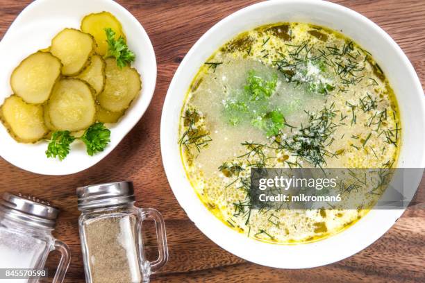 homemade soup with sour pickles - dill pickle stock pictures, royalty-free photos & images