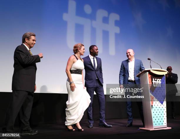 Actors Beau Bridges, Kate Winslet, Idris Elba and director Hany Abu-Assad onstage during the introduction of "The Mountain Between Us" during the...