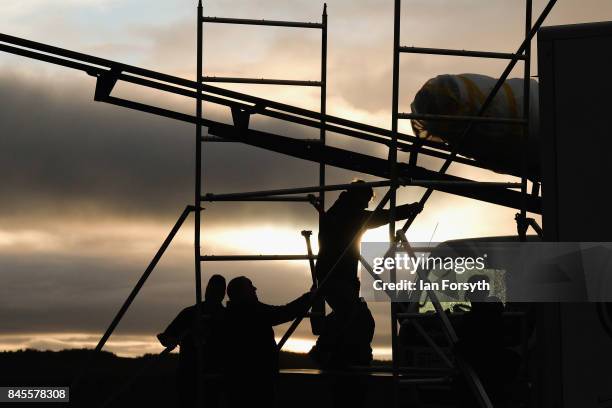 Final preparations are made to the Skybolt 2 Research Rocket before it is raised into the launch position before take off from Otterburn in...