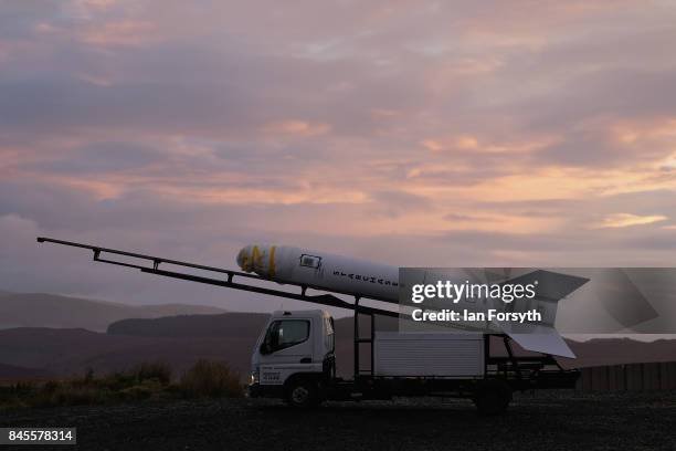 Final preparations are made to the Skybolt 2 Research Rocket before it is raised into the launch position before take off from Otterburn in...