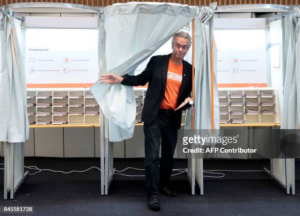 Rasmus Hansson, leader of Norway's Green Party , leaves a polling booth as he votes at a polling station in Bekkestua, Oslo, during general elections...