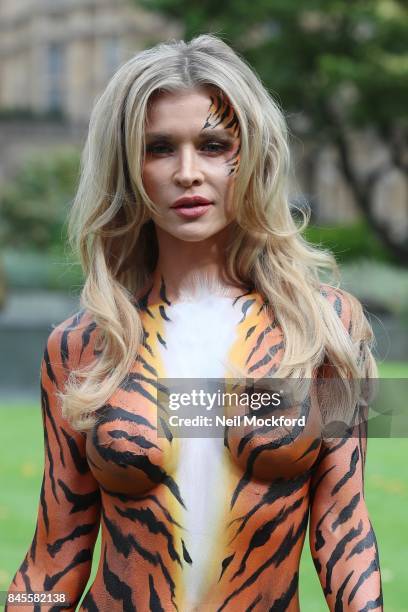 Joanna Krupa and PETA call for a ban on Animal Circuses outside The Houses of Parliament on September 11, 2017 in London, England.