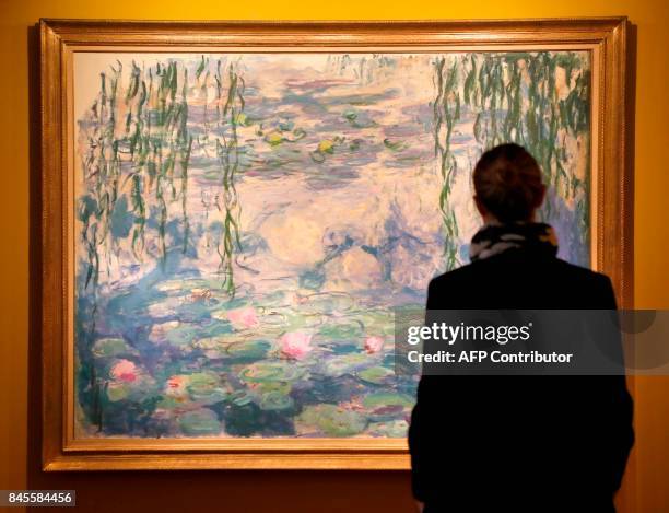 Visitor looks at the painting "Nympheas" by French painter Claude Monet during a press visit of the exhibition "Monet Collectionneur" at the...