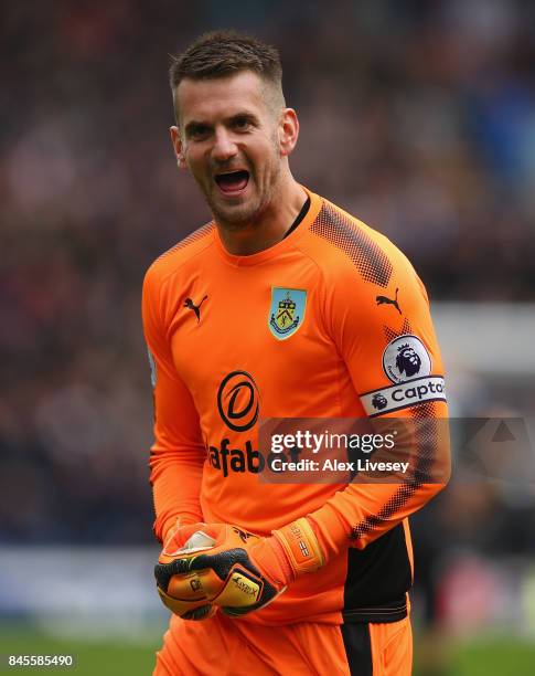 Tom Heaton of Burnley celebrates after their openng goal is scored during the Premier League match between Burnley and Crystal Palace at Turf Moor on...