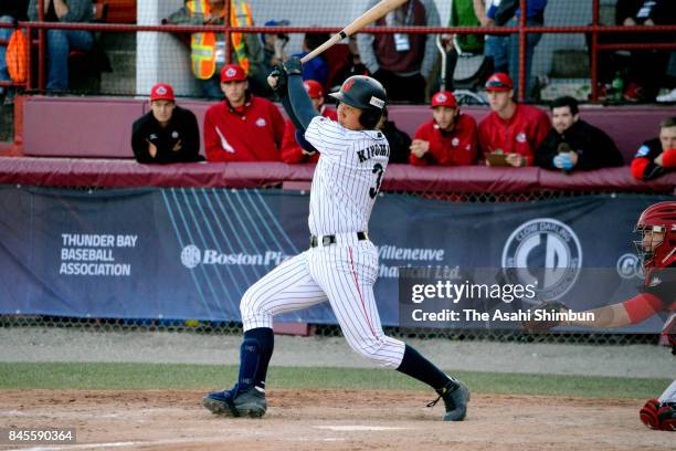 Kotaro Kiyomiya of Japan hits a solo home run during the fifth inning of a game against Canada during the WBSC U-18 Baseball World Cup Super Round...