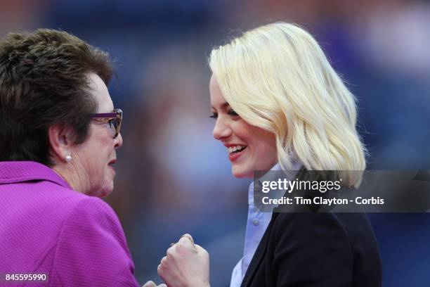 Open Tennis Tournament - DAY THIRTEEN. Billie Jean King and Emma Stone at the Women's Final opening ceremony before the match between Sloane Stephens...