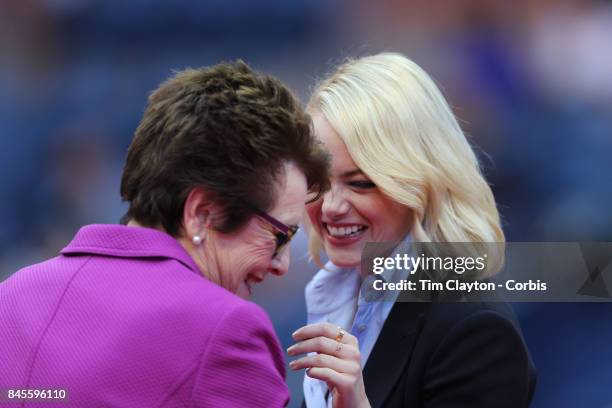 Open Tennis Tournament - DAY THIRTEEN. Billie Jean King and Emma Stone at the Women's Final opening ceremony before the match between Sloane Stephens...