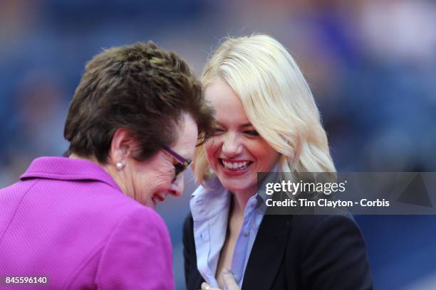 Open Tennis Tournament - DAY THIRTEEN. Billie Jean King and Emma Stone at the Women's Final opening ceremony before the match between Sloane Stephens...
