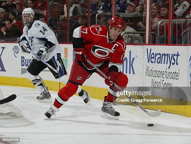 Rod Brind'Amour of the Carolina Hurricanes skates with the puck during a NHL game against the Tampa Bay Lighting on January 29, 2009 at RBC Center in...