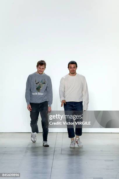 Designers Shane Gabier and Christopher Peters walk the runway at the Creatures of the Wind Ready to Wear Spring/Summer 2018 fashion show during New...