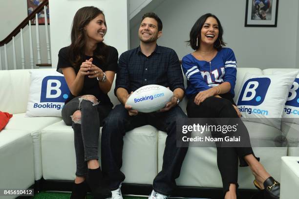 Breanne Racano, Jerry Ferrara and Vanessa Hudgens attend gameday kickoff at the Booking.com Football House on September 10, 2017 in Jersey City, New...