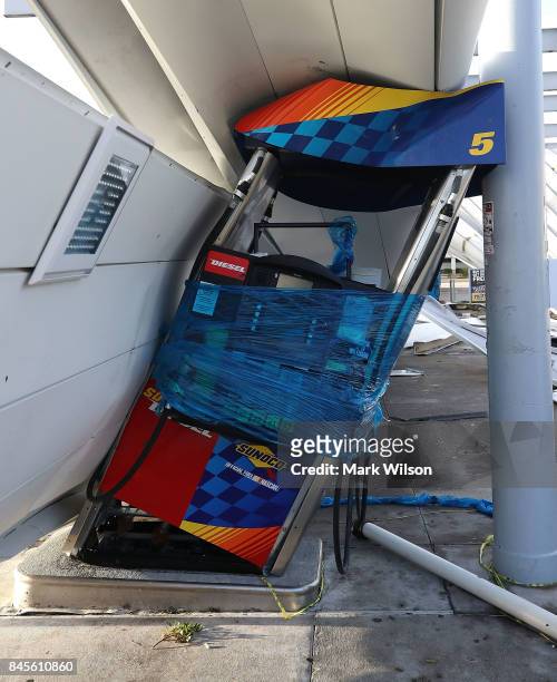 Gas station is shown damaged by Hurricane Irma winds on September 11, 2017 in Bonita Springs, Florida. Yesterday Hurricane Irma hit Florida's west...