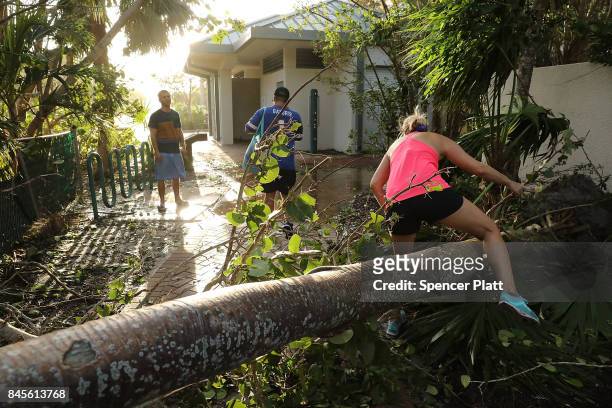People walk through downed trees the morning after Hurricane Irma swept through the area on September 11, 2017 in Fort Myers, Florida. Hurricane Irma...