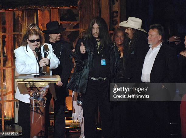 Billy Powell, Gary Rossington, Bob Burns, Artimus Pyle and Ed King of Lynyrd Skynyrd, inductees