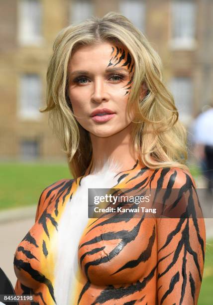 Joanna Krupa attends a PETA photocall painted as a tiger to campaign for a ban on Animal Circuses at Westminster on September 11, 2017 in London,...