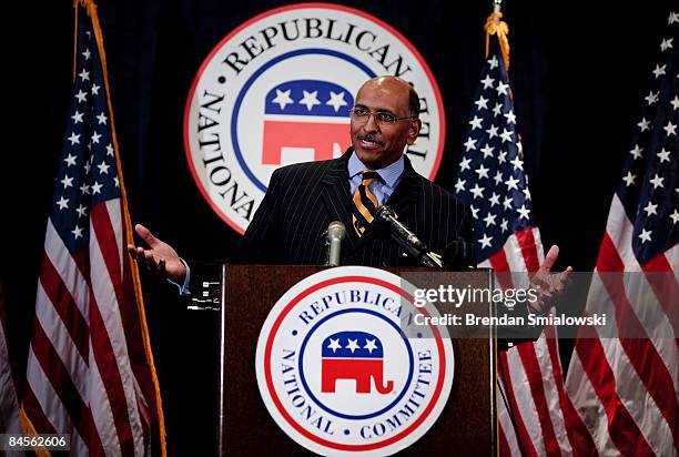 Michael S. Steele, former Lt. Gov. Of Maryland, speaks to the press after being elected Chairman during the Republican National Committee's winter...