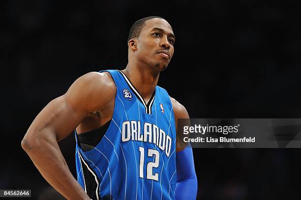 Dwight Howard of the Orlando Magic looks on during the game against the Los Angeles Lakers at Staples Center on January 16, 2009 in Los Angeles,...