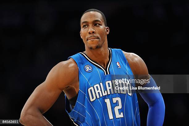 Dwight Howard of the Orlando Magic looks on during the game against the Los Angeles Lakers at Staples Center on January 16, 2009 in Los Angeles,...