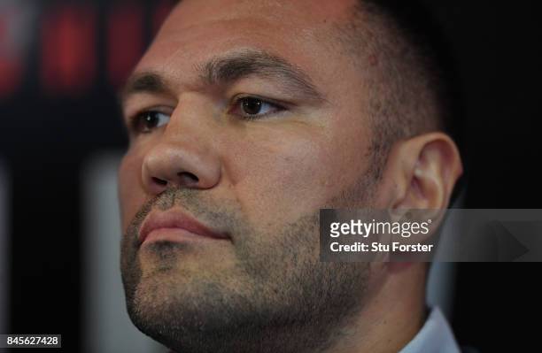Kubrat Pulev pictured during a media opportunity ahead of their World Heavyweight title clash at Principality Stadium on September 11, 2017 in...