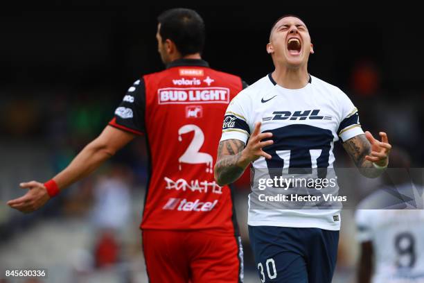 Nicolas Castillo of Pumas reacts during the 8th round match between Pumas UNAM and Tijuana as part of the Torneo Apertura 2017 Liga MX at Olimpico...