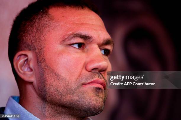 Bulgaria's Kubrat Pulev is seen during a press conference at the Principality Stadium in Cardiff on September 11, 2017 during an event to promote his...