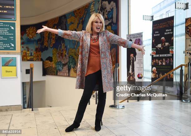 Joanna Lumley OBE poses for photographers before addressing a Children in Crossfire talk on September 11, 2017 in Londonderry, Northern Ireland. The...