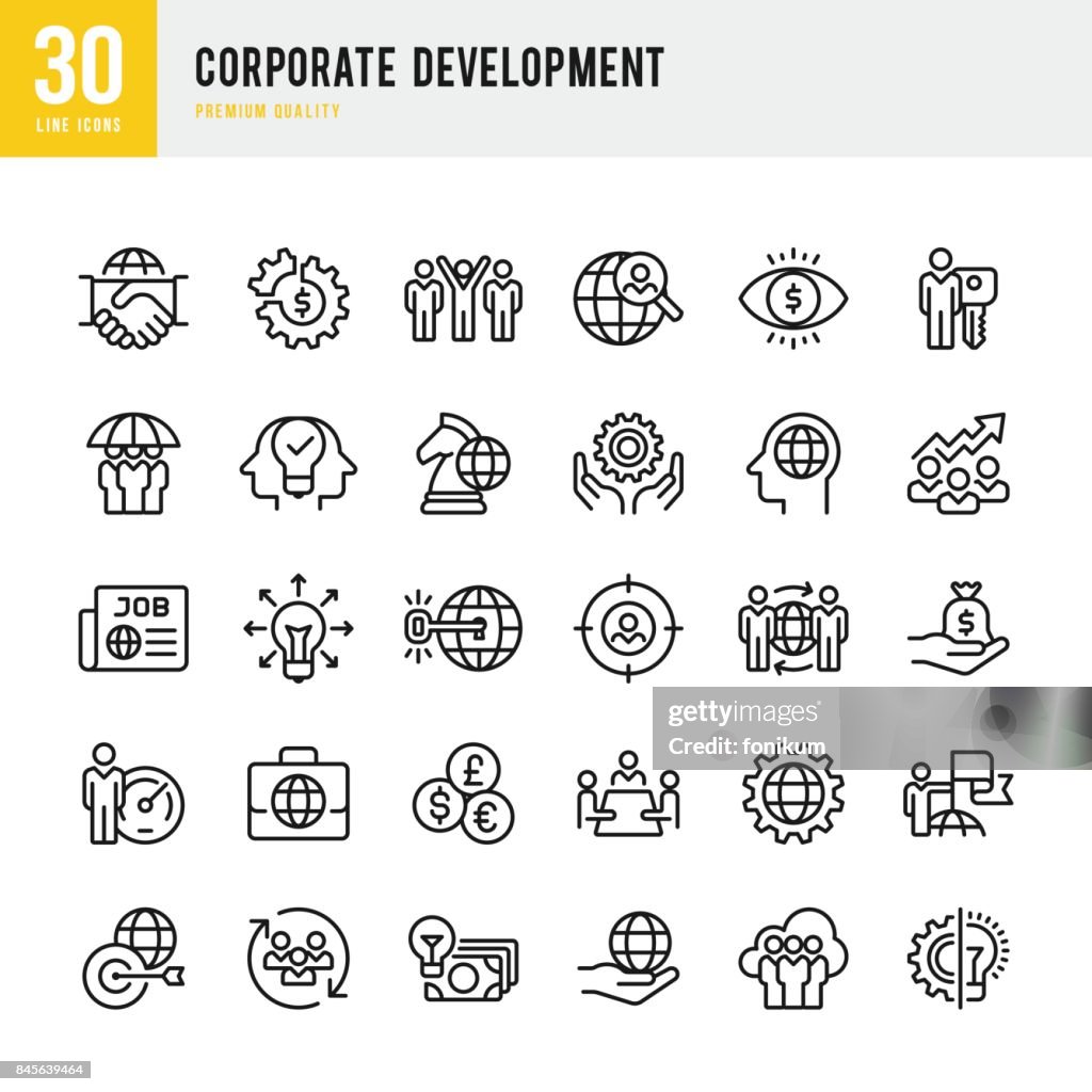 Corporate Development - set of thin line vector icons