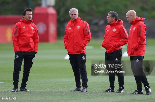 Assistant Manager Rui Faria, Manager Jose Mourinho, Coach Ricardo Formosinho and Coach Carlos Lalin of Manchester United in action during a first...