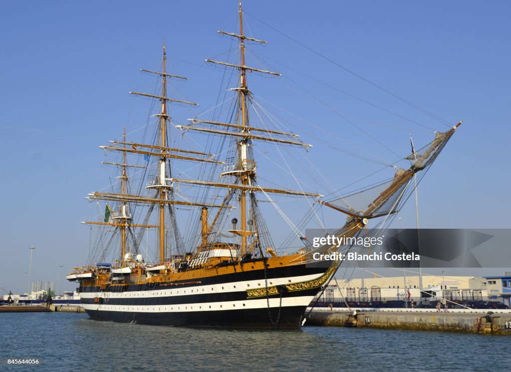 The school ship of the Italian Navy Amerigo Vespucci  docked at the port of the city of Cadiz