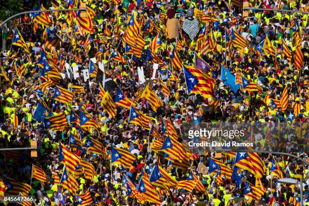 People march during a demonstration celebrating the Catalan National Day on September 11, 2017 in Barcelona, Spain. The Spanish Northeastern...