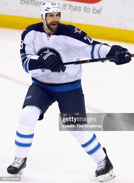 Jay Harrison of the Winnipeg Jets plays in the game against the Tampa Bay Lightning at Amalie Arena on March 14, 2015 in Tampa, Florida.