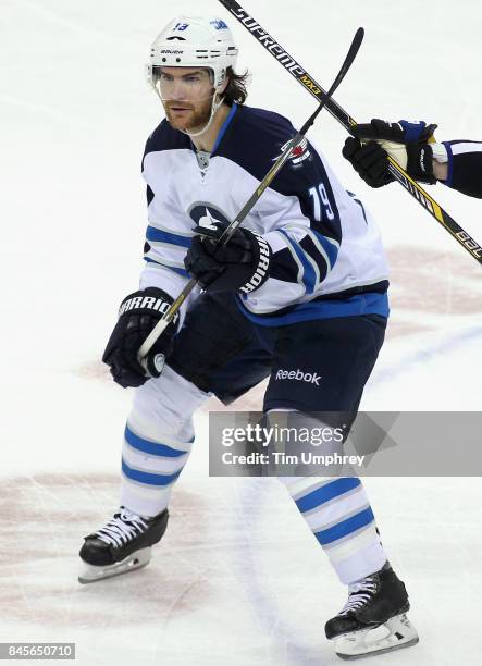 Jim Slater of the Winnipeg Jets plays in the game against the Tampa Bay Lightning at Amalie Arena on March 14, 2015 in Tampa, Florida.