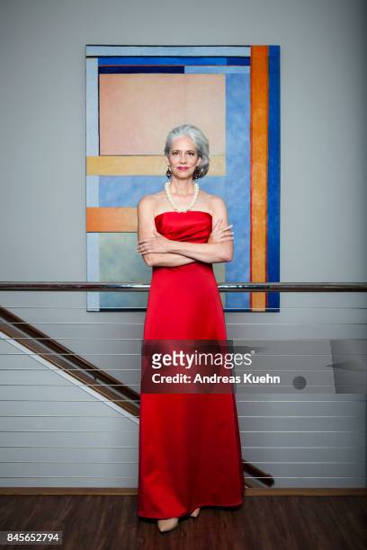 beautiful, luxurios woman in her late fifties with long, silvery, grey hair wearing an elegant, red evening gown in front of a large modern, abstract painting. - evening gown stock-fotos und bilder