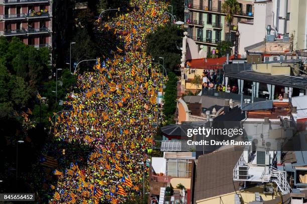 People march during a demonstration celebrating the Catalan National Day on September 11, 2017 in Barcelona, Spain. The Spanish Northeastern...