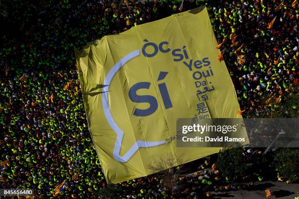 People march during a demonstration celebrating the Catalan National Day on September 11, 2017 in Barcelona, Spain. The Spanish Northeastern...