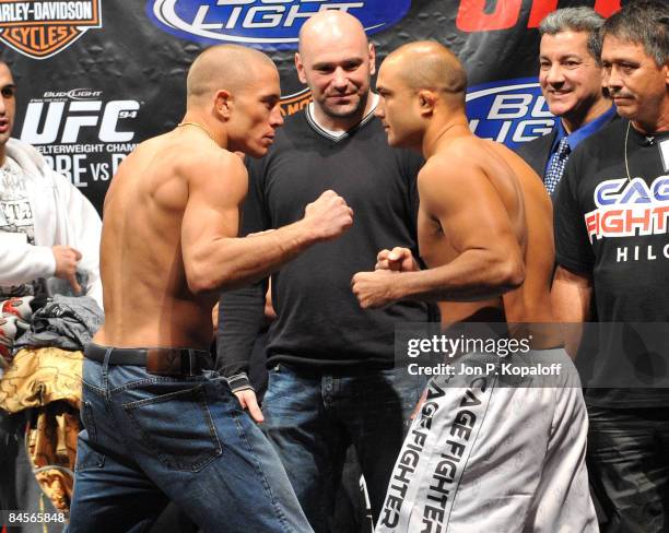 Fighters George St-Pierre and BJ Penn face off at the UFC 94 Weigh-In at the MGM Grand Hotel on January 30, 2009 in Las Vegas, Nevada.