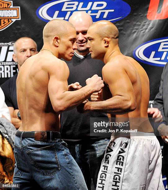 Fighters George St-Pierre and B.J. Penn face off at the UFC 94 Weigh-In at the MGM Grand Hotel on January 30, 2009 in Las Vegas, Nevada.