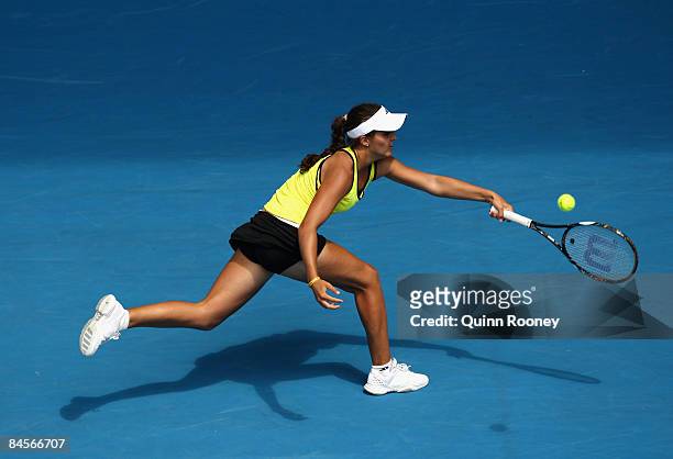 Laura Robson of Great Britain plays a forehand in her junior girls final match against Ksenia Pervak of Russia during day thirteen of the 2009...