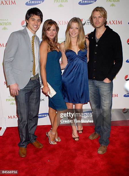 Actors Nicholas D'Agosto, Danneel Harris, Sarah Roemer and Eric Christian Olsen from the cast of 'Fired Up' attend the Maxim Magazine Super Bowl...