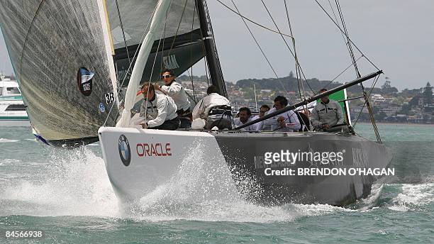 Damiani Ittalia prepares their Spinaker against Oracle Team during their race with Luna Rossa from Italy during round two of the series of the Louis...