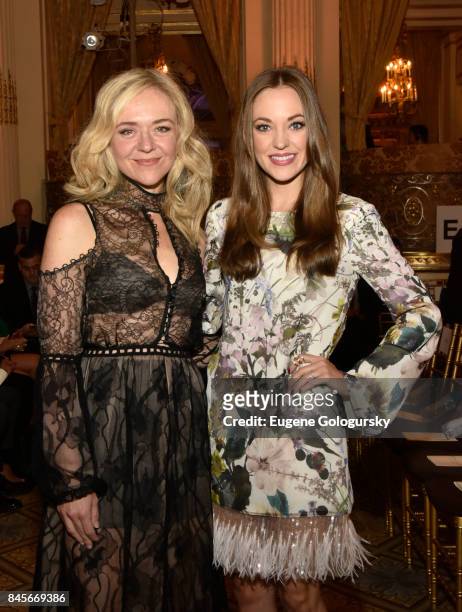 Rachel Bay Jones and Laura Osnes attend the Dennis Basso fashion show during New York Fashion Week: The Shows at The Plaza Hotel on September 11,...